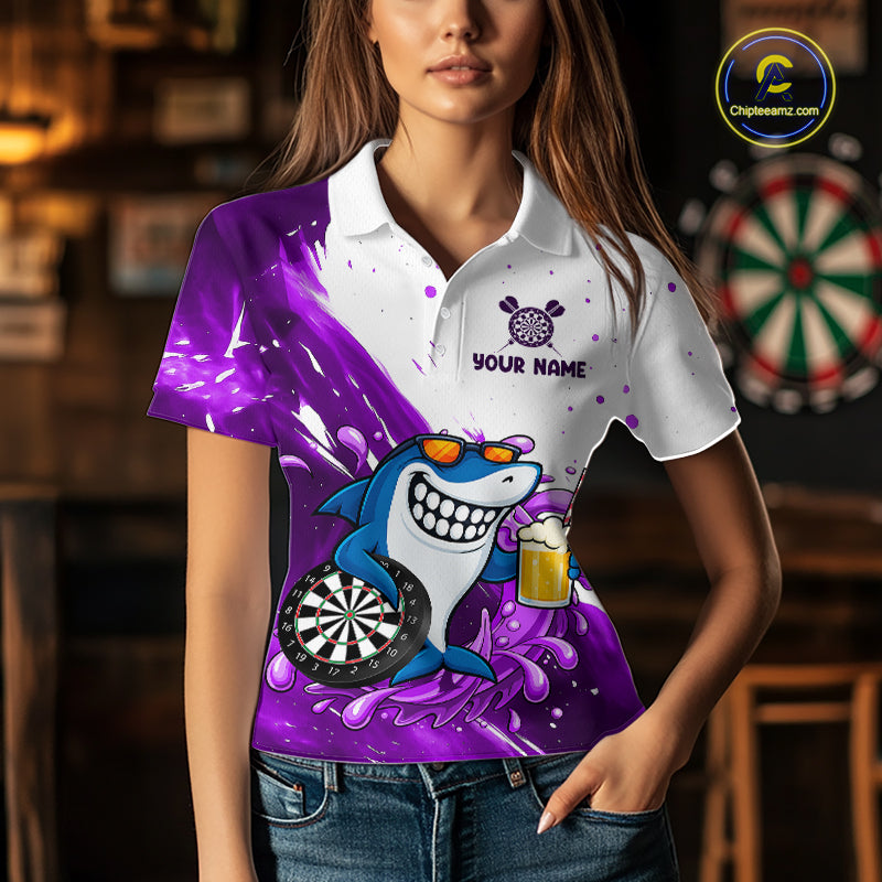 Purple And White Funny Shark Darts Shirts For Women Custom Darts Team Jersey Polo, Quarter Zip TDM7434