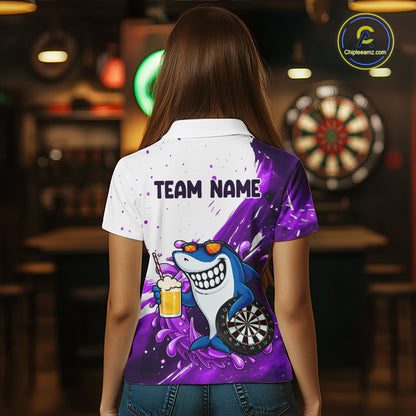 Purple And White Funny Shark Darts Shirts For Women Custom Darts Team Jersey Polo, Quarter Zip TDM7434