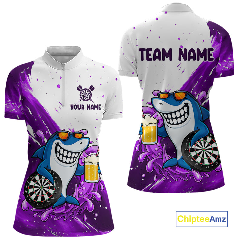 Purple And White Funny Shark Darts Shirts For Women Custom Darts Team Jersey Polo, Quarter Zip TDM7434