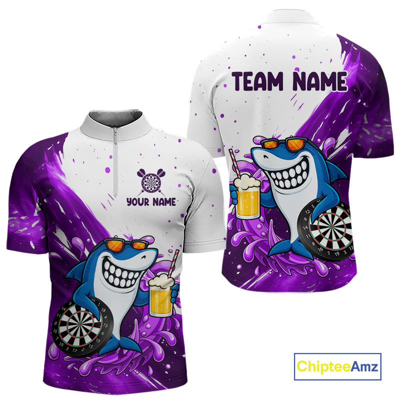 Purple And White Funny Shark Darts Shirts For Men Custom Darts Team Jersey Polo, Quarter Zip TDM7434