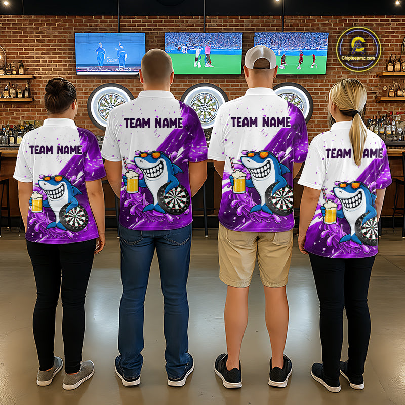 Purple And White Funny Shark Darts Shirts For Men Custom Darts Team Jersey Polo, Quarter Zip TDM7434