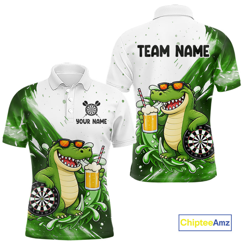 Green And White Funny Alligator Darts Shirts For Men Custom Darts Team Jersey Polo, Quarter Zip TDM7435