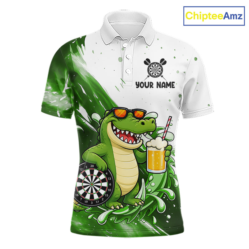 Green And White Funny Alligator Darts Shirts For Men Custom Darts Team Jersey Polo, Quarter Zip TDM7435
