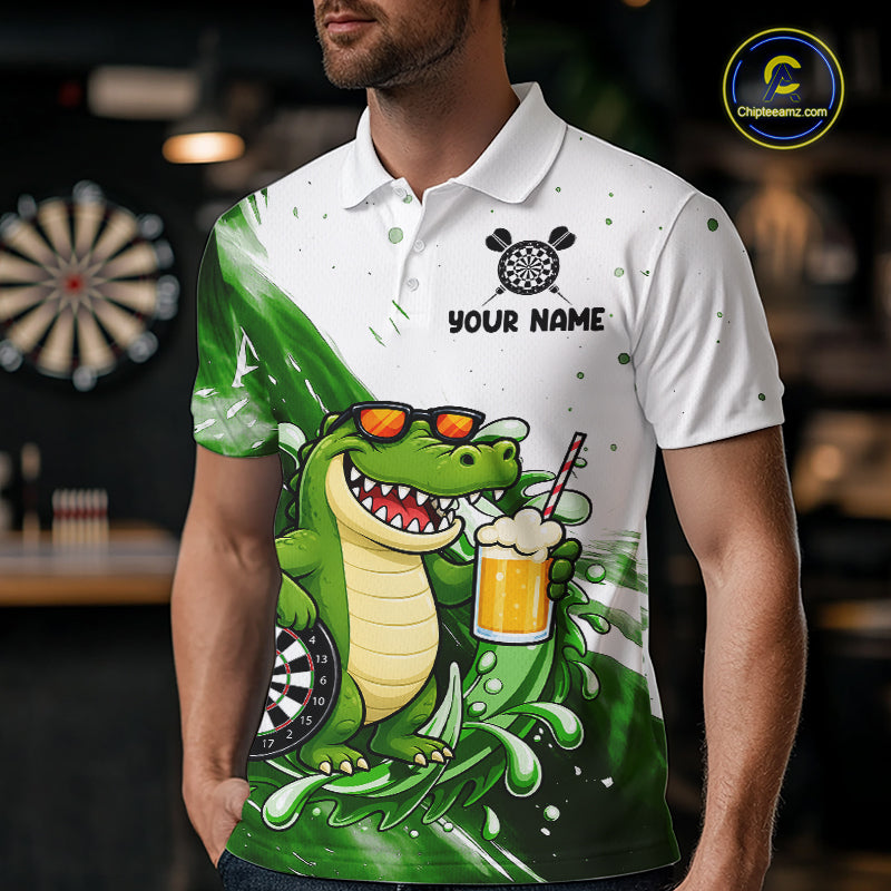 Green And White Funny Alligator Darts Shirts For Men Custom Darts Team Jersey Polo, Quarter Zip TDM7435