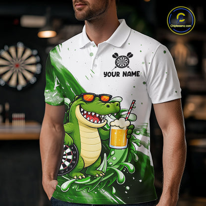 Green And White Funny Alligator Darts Shirts For Men Custom Darts Team Jersey Polo, Quarter Zip TDM7435