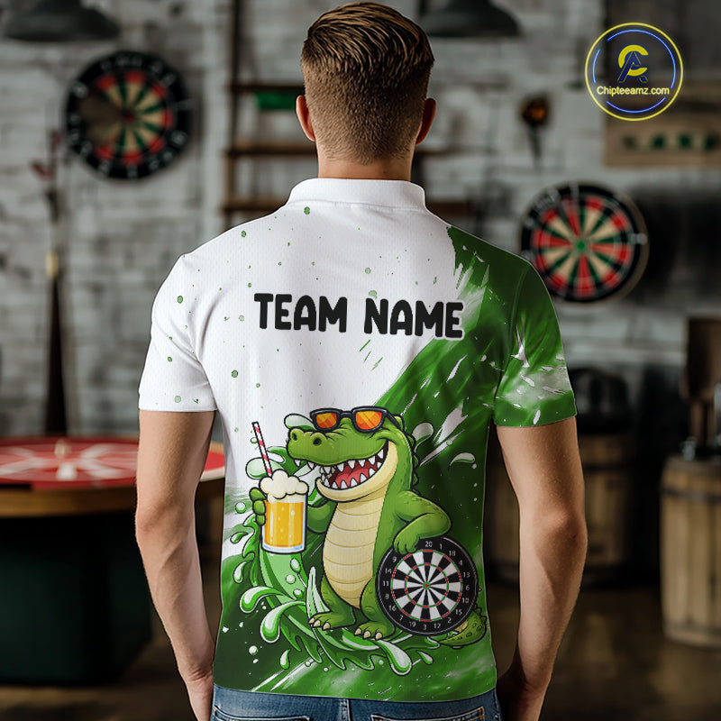Green And White Funny Alligator Darts Shirts For Men Custom Darts Team Jersey Polo, Quarter Zip TDM7435
