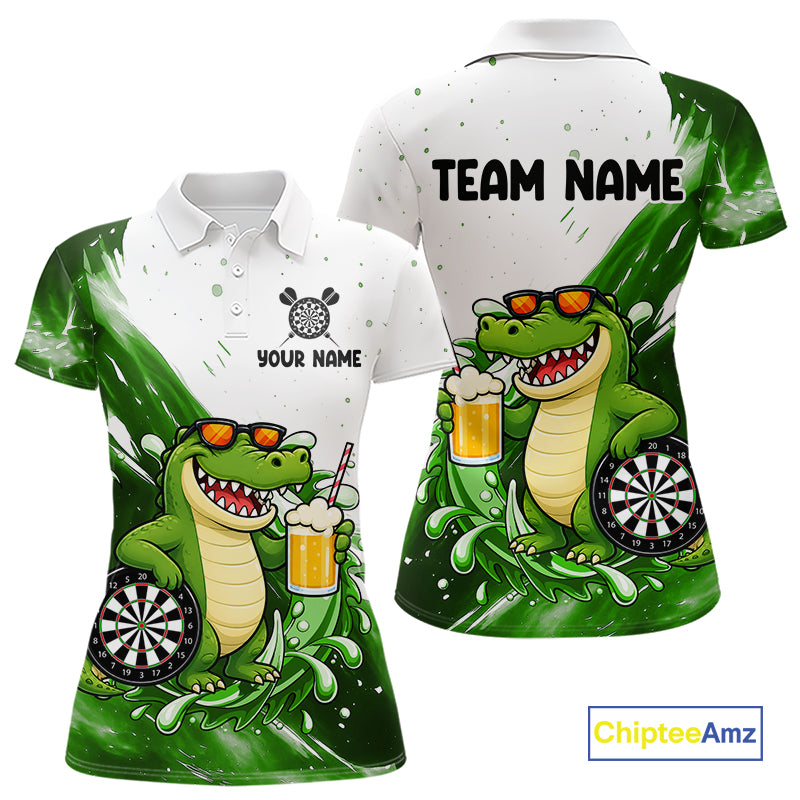 Green And White Funny Alligator Darts Shirts For Women Custom Darts Team Jersey Polo, Quarter Zip TDM7435