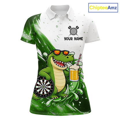 Green And White Funny Alligator Darts Shirts For Women Custom Darts Team Jersey Polo, Quarter Zip TDM7435
