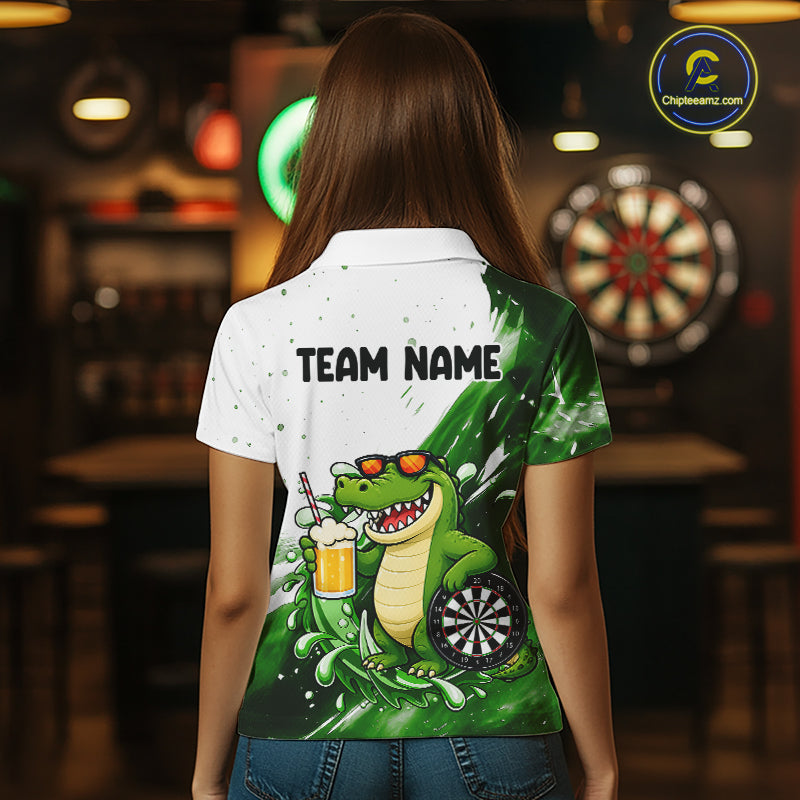 Green And White Funny Alligator Darts Shirts For Women Custom Darts Team Jersey Polo, Quarter Zip TDM7435
