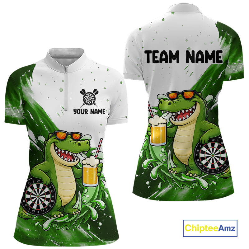 Green And White Funny Alligator Darts Shirts For Women Custom Darts Team Jersey Polo, Quarter Zip TDM7435