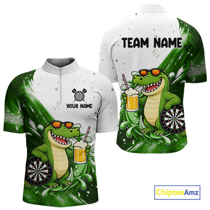 Green And White Funny Alligator Darts Shirts For Men Custom Darts Team Jersey Polo, Quarter Zip TDM7435
