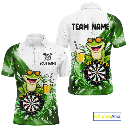 Green And White Funny Frog Darts Shirts For Men Custom Darts Team Jersey Polo, Quarter Zip TDM7436
