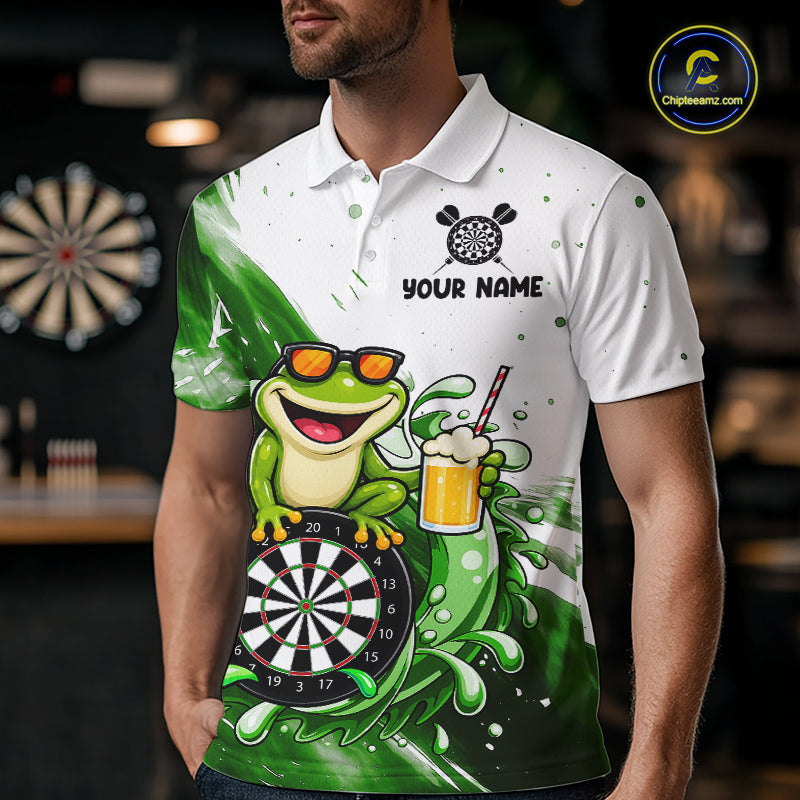 Green And White Funny Frog Darts Shirts For Men Custom Darts Team Jersey Polo, Quarter Zip TDM7436