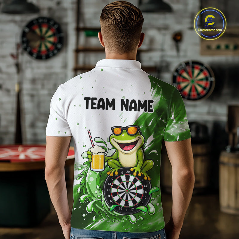 Green And White Funny Frog Darts Shirts For Men Custom Darts Team Jersey Polo, Quarter Zip TDM7436