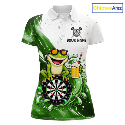 Green And White Funny Frog Darts Shirts For Women Custom Darts Team Jersey Polo, Quarter Zip TDM7436