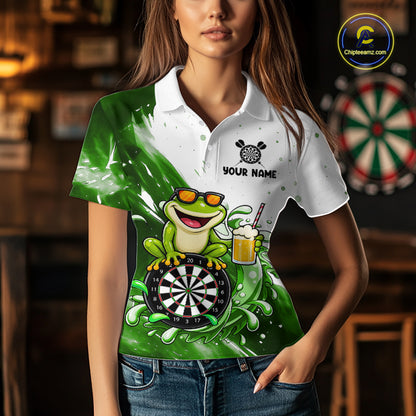 Green And White Funny Frog Darts Shirts For Women Custom Darts Team Jersey Polo, Quarter Zip TDM7436