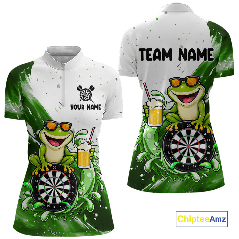 Green And White Funny Frog Darts Shirts For Women Custom Darts Team Jersey Polo, Quarter Zip TDM7436