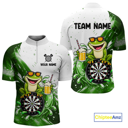 Green And White Funny Frog Darts Shirts For Men Custom Darts Team Jersey Polo, Quarter Zip TDM7436
