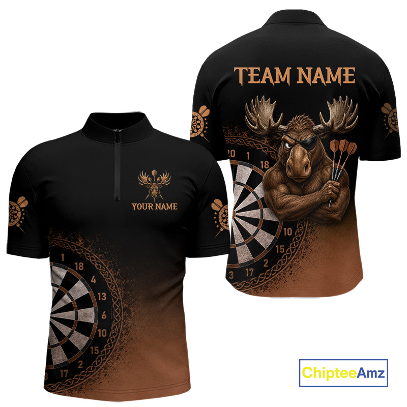 Black And Brown Funny Moose Darts Shirts For Men Custom Darts Team Jersey Polo & Quarter Zip TDM7440