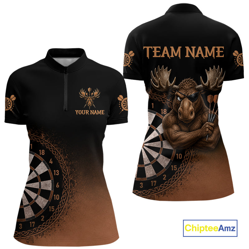 Black And Brown Funny Moose Darts Shirts For Women Custom Darts Team Jersey Polo & Quarter Zip TDM7440