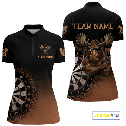 Black And Brown Funny Moose Darts Shirts For Women Custom Darts Team Jersey Polo & Quarter Zip TDM7440