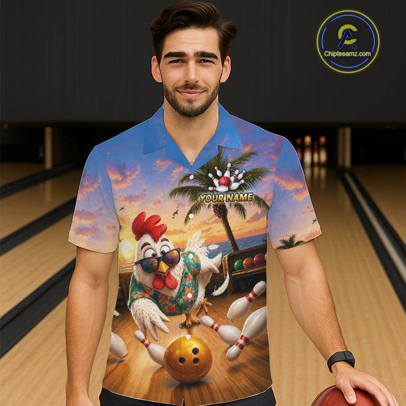Funny Tropical Rooster Chicken Bowling Hawaiian Shirt For Men Women Custom Vintage Bowling Jersey TDM6475