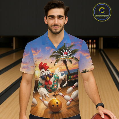Funny Tropical Rooster Chicken Bowling Hawaiian Shirt For Men Women Custom Vintage Bowling Jersey TDM6475