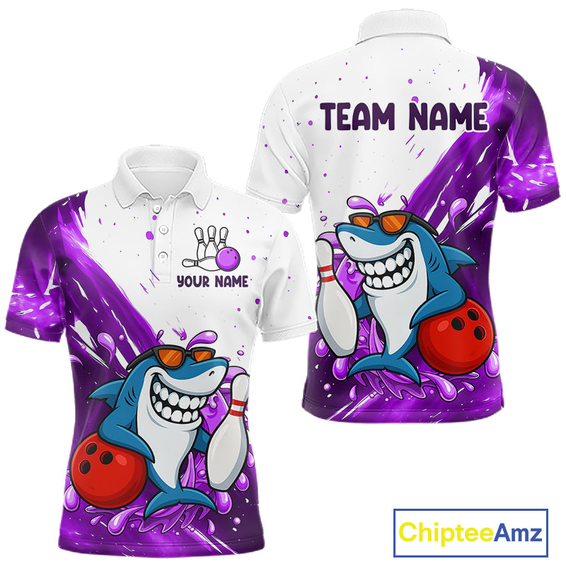 Purple And White Funny Shark Bowling Polo, Quarter Zip Shirts For Men Custom Bowling Team Jersey TDM7457