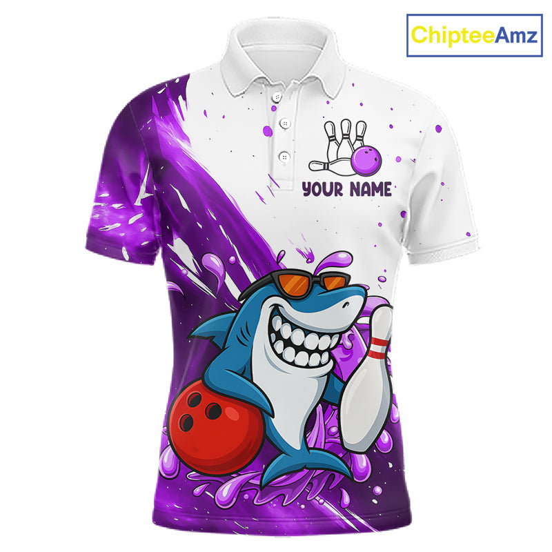 Purple And White Funny Shark Bowling Polo, Quarter Zip Shirts For Men Custom Bowling Team Jersey TDM7457