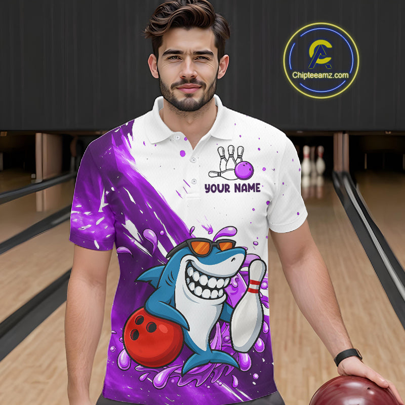 Purple And White Funny Shark Bowling Polo, Quarter Zip Shirts For Men Custom Bowling Team Jersey TDM7457