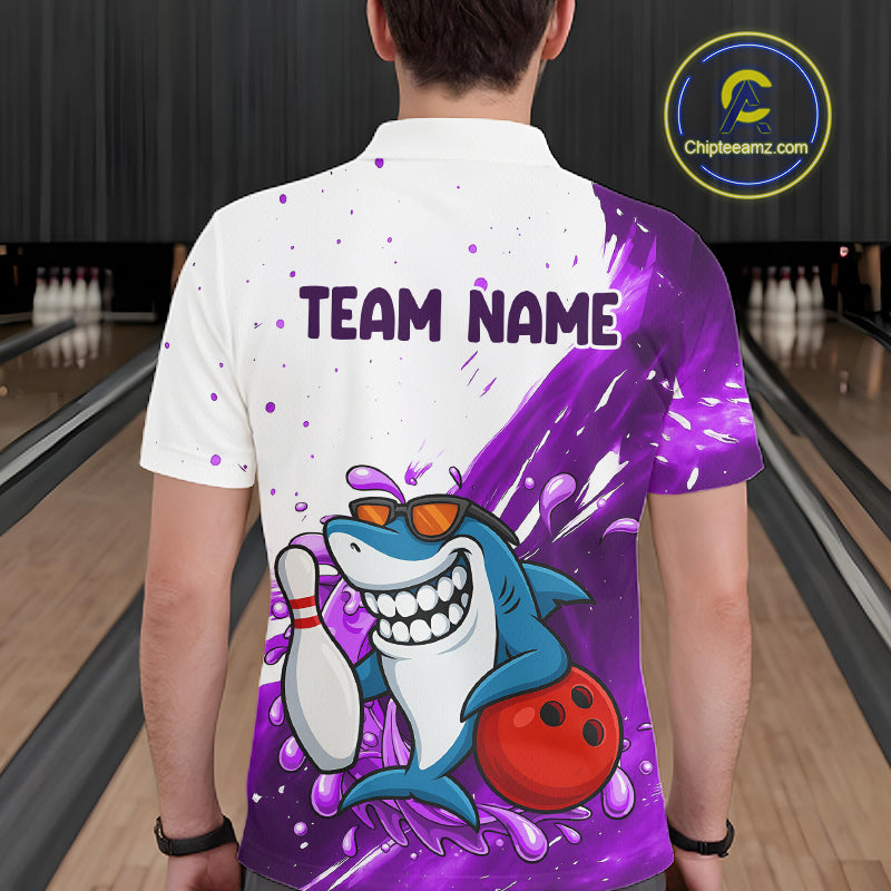 Purple And White Funny Shark Bowling Polo, Quarter Zip Shirts For Men Custom Bowling Team Jersey TDM7457