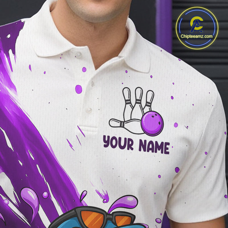 Purple And White Funny Shark Bowling Polo, Quarter Zip Shirts For Men Custom Bowling Team Jersey TDM7457