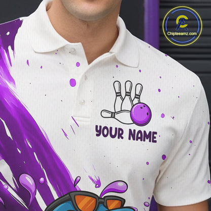 Purple And White Funny Shark Bowling Polo, Quarter Zip Shirts For Men Custom Bowling Team Jersey TDM7457