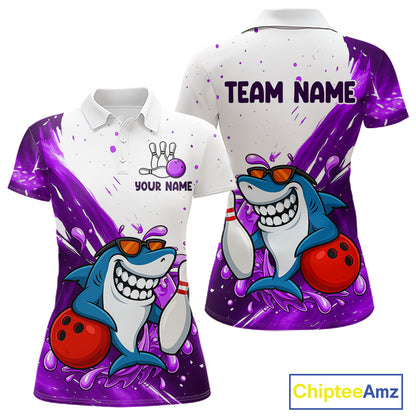 Purple And White Funny Shark Bowling Polo, Quarter Zip Shirts For Women Custom Bowling Team Jersey TDM7457