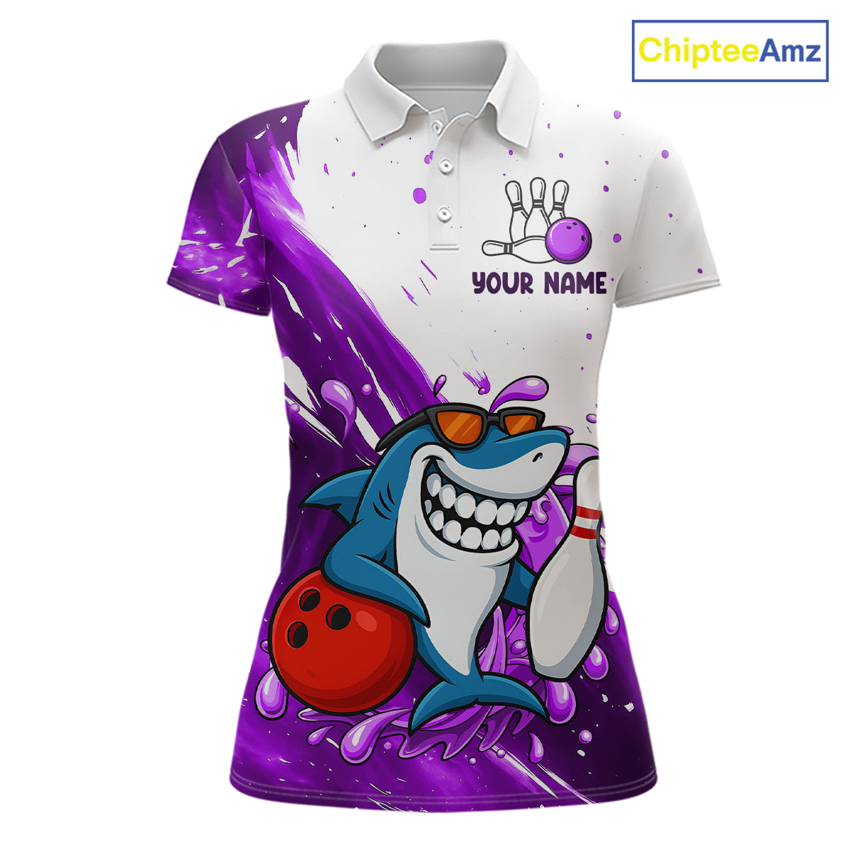 Purple And White Funny Shark Bowling Polo, Quarter Zip Shirts For Women Custom Bowling Team Jersey TDM7457