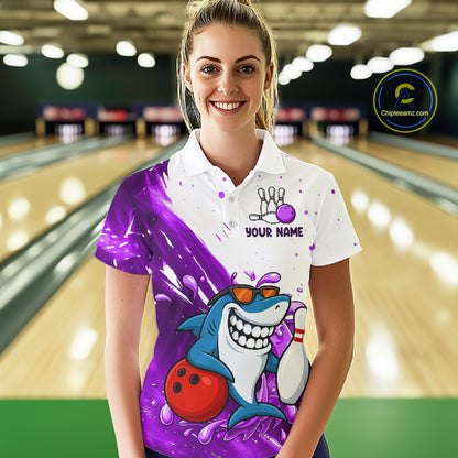 Purple And White Funny Shark Bowling Polo, Quarter Zip Shirts For Women Custom Bowling Team Jersey TDM7457