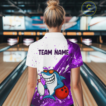 Purple And White Funny Shark Bowling Polo, Quarter Zip Shirts For Women Custom Bowling Team Jersey TDM7457