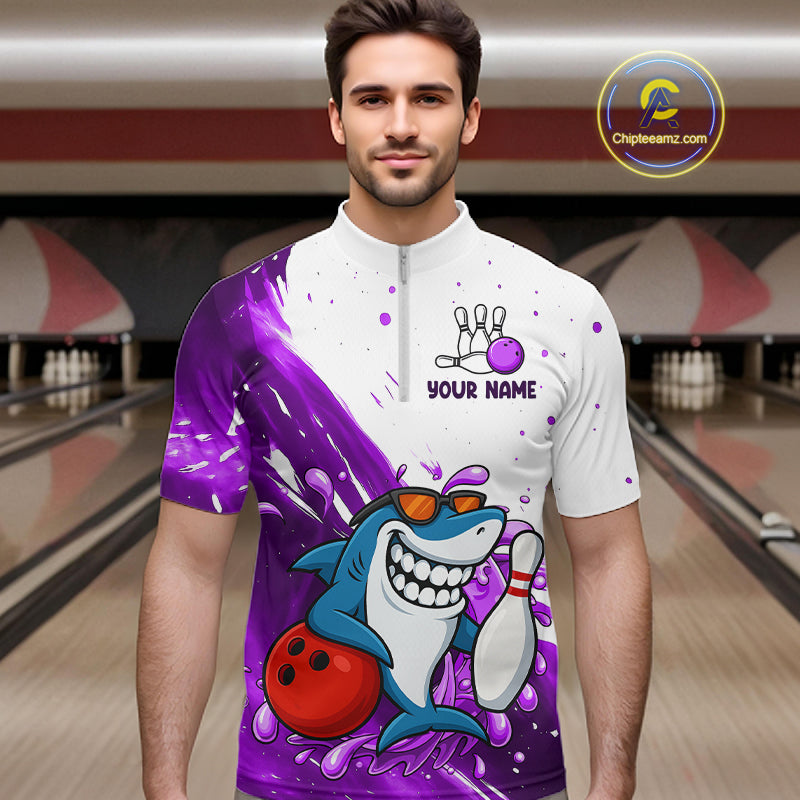 Purple And White Funny Shark Bowling Polo, Quarter Zip Shirts For Men Custom Bowling Team Jersey TDM7457