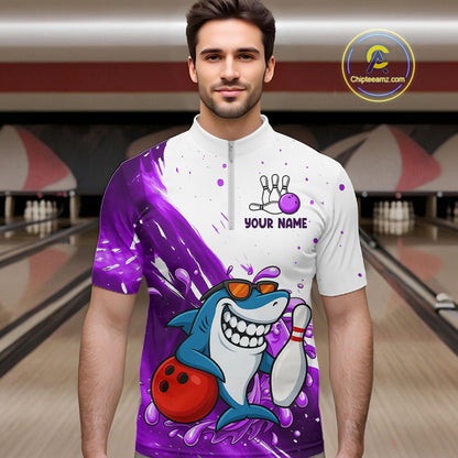 Purple And White Funny Shark Bowling Polo, Quarter Zip Shirts For Men Custom Bowling Team Jersey TDM7457