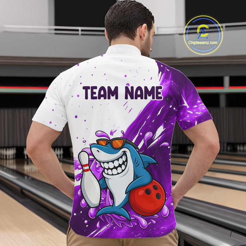 Purple And White Funny Shark Bowling Polo, Quarter Zip Shirts For Men Custom Bowling Team Jersey TDM7457