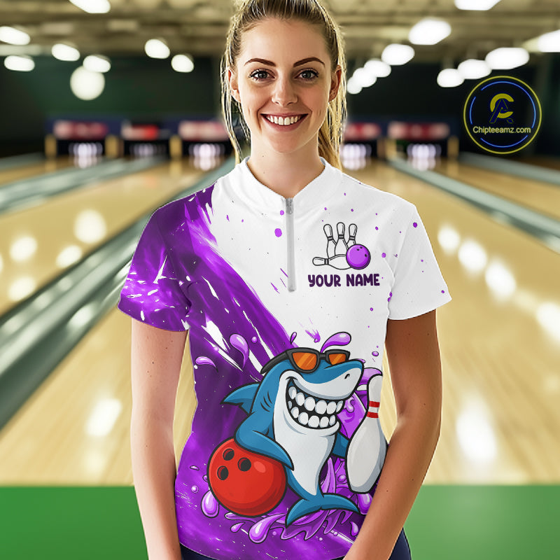 Purple And White Funny Shark Bowling Polo, Quarter Zip Shirts For Women Custom Bowling Team Jersey TDM7457