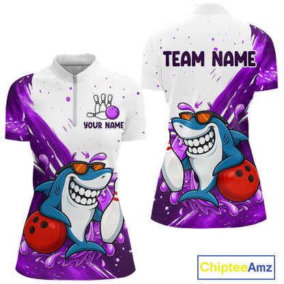 Purple And White Funny Shark Bowling Polo, Quarter Zip Shirts For Women Custom Bowling Team Jersey TDM7457