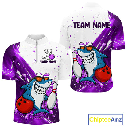 Purple And White Funny Shark Bowling Polo, Quarter Zip Shirts For Men Custom Bowling Team Jersey TDM7457