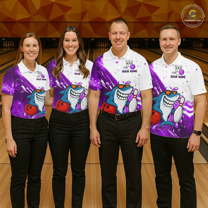 Purple And White Funny Shark Bowling Polo, Quarter Zip Shirts For Men Custom Bowling Team Jersey TDM7457