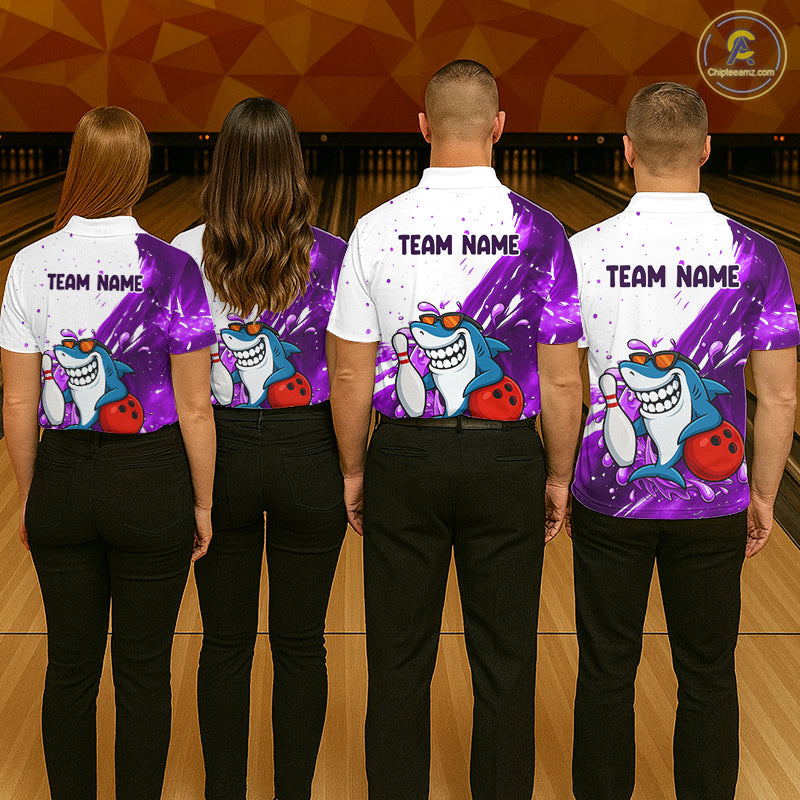 Purple And White Funny Shark Bowling Polo, Quarter Zip Shirts For Men Custom Bowling Team Jersey TDM7457