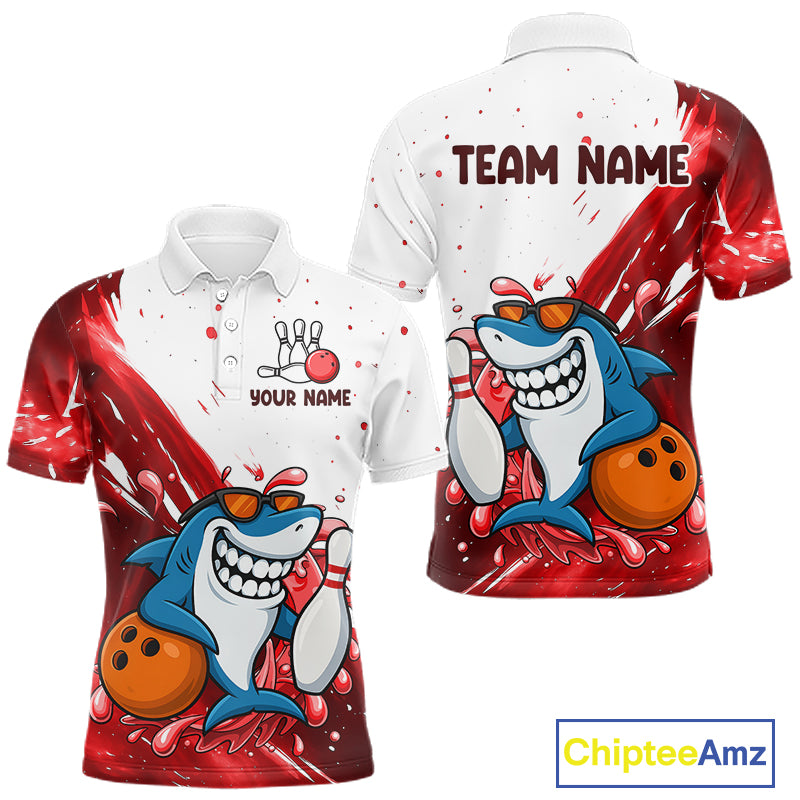 Red And White Funny Shark Bowling Polo, Quarter Zip Shirts For Men Custom Bowling Team Jersey TDM7458