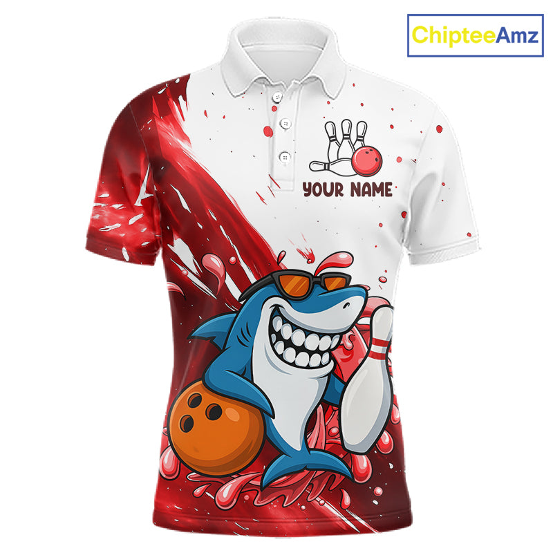 Red And White Funny Shark Bowling Polo, Quarter Zip Shirts For Men Custom Bowling Team Jersey TDM7458