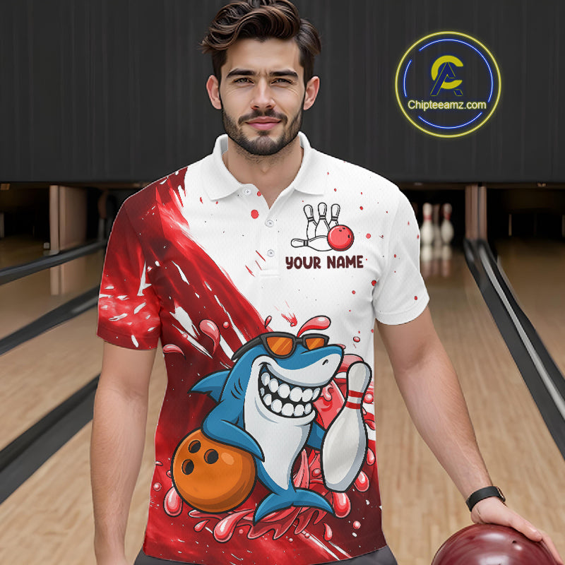 Red And White Funny Shark Bowling Polo, Quarter Zip Shirts For Men Custom Bowling Team Jersey TDM7458