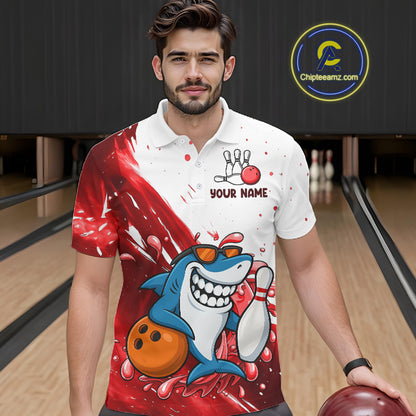 Red And White Funny Shark Bowling Polo, Quarter Zip Shirts For Men Custom Bowling Team Jersey TDM7458