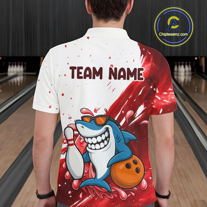 Red And White Funny Shark Bowling Polo, Quarter Zip Shirts For Men Custom Bowling Team Jersey TDM7458